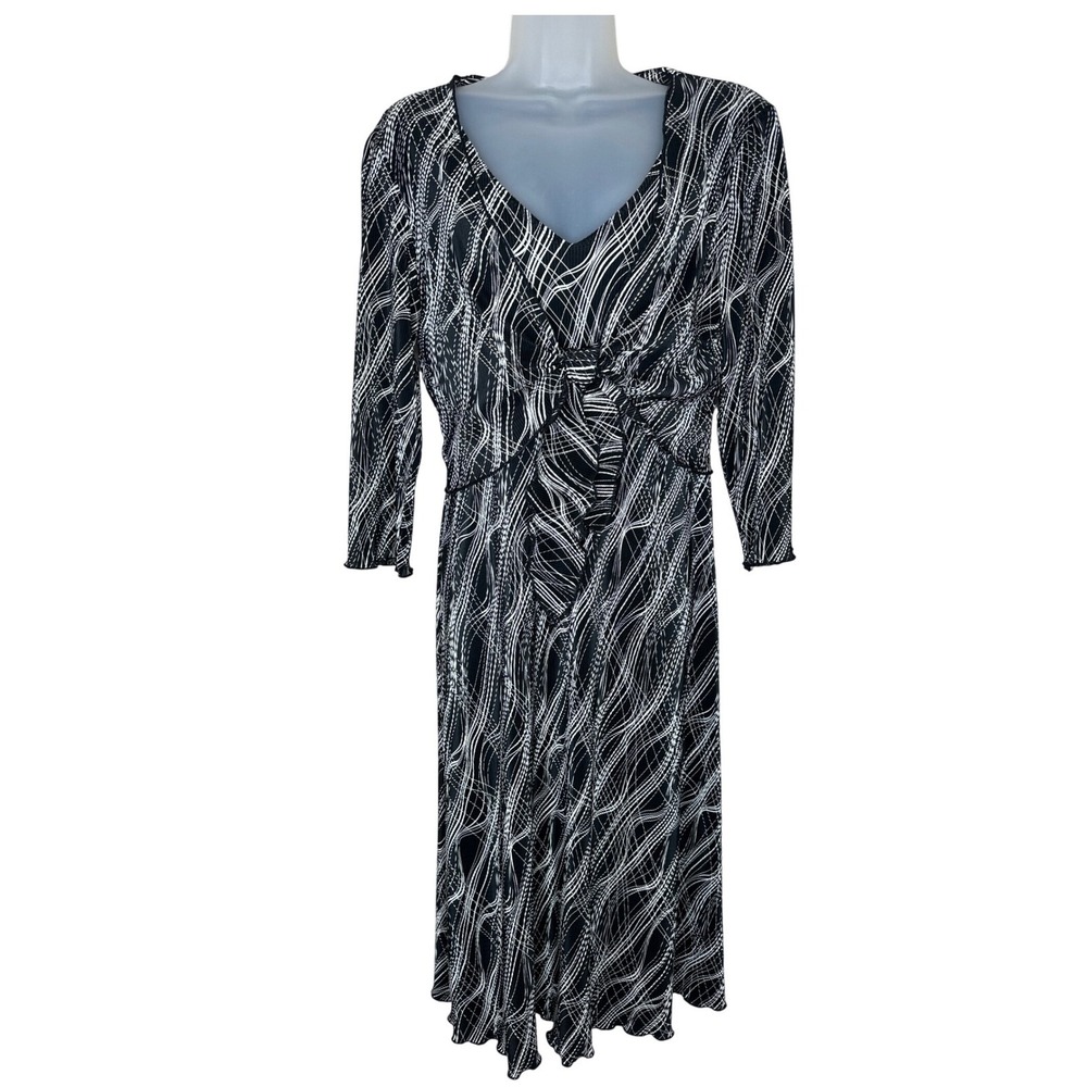 Studio Connection 90s Black White Abstract Pleated Midi Dress Size 18 V-Neck USA